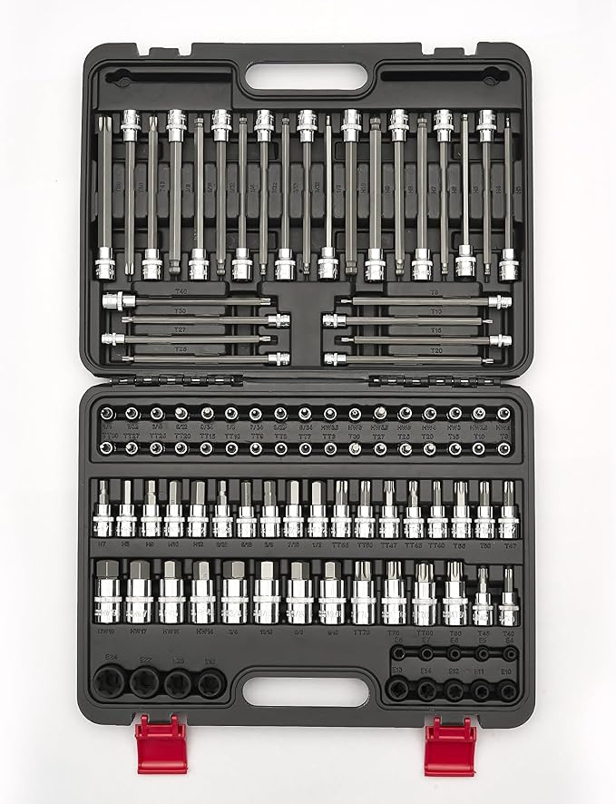 107-Piece Master Torx & Allen Bit Socket Set, S2 Steel, 1/4" 3/8" 1/2" Drive, Long Torx, Ball End Hex, Tamper-Resistant Star, E-Star Sockets, SAE & Metric (Chrome-Polished Set)