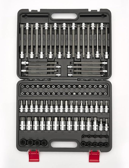 107-Piece Master Torx & Allen Bit Socket Set, S2 Steel, 1/4" 3/8" 1/2" Drive, Long Torx, Ball End Hex, Tamper-Resistant Star, E-Star Sockets, SAE & Metric (Chrome-Polished Set)