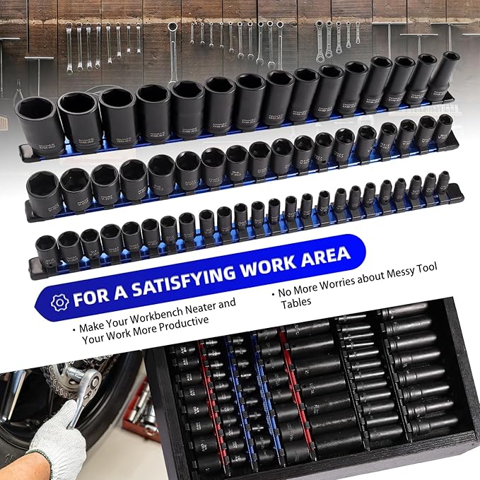 ALOANES 3-Piece Aluminum Alloy Socket Organizer, Heavy Duty Socket Racks, Socket Holder Kit for Toolbox Drawer Fit 1/2, 3/8, 1/4-Inch Socket Holder x 58 Clips (Blue)