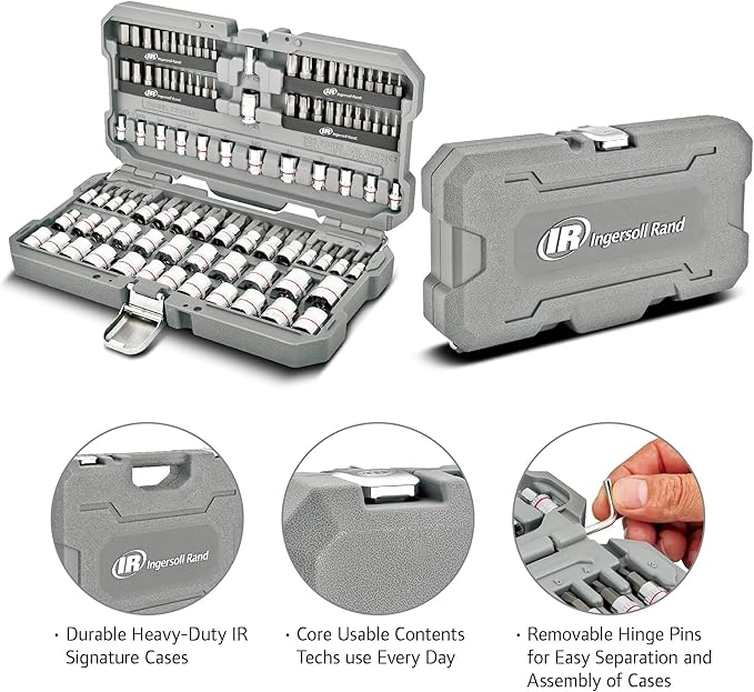 Ingersoll Rand 101 Pc. 1/4 & 3/8" Dr. Master Non-Slip Socket & Bit Set, Industrial Grade S2 Alloy Steel Bits W/ Mirror Polished CR-V Sockets, Premium Knurling and Heavy-Duty Portable Storage Case