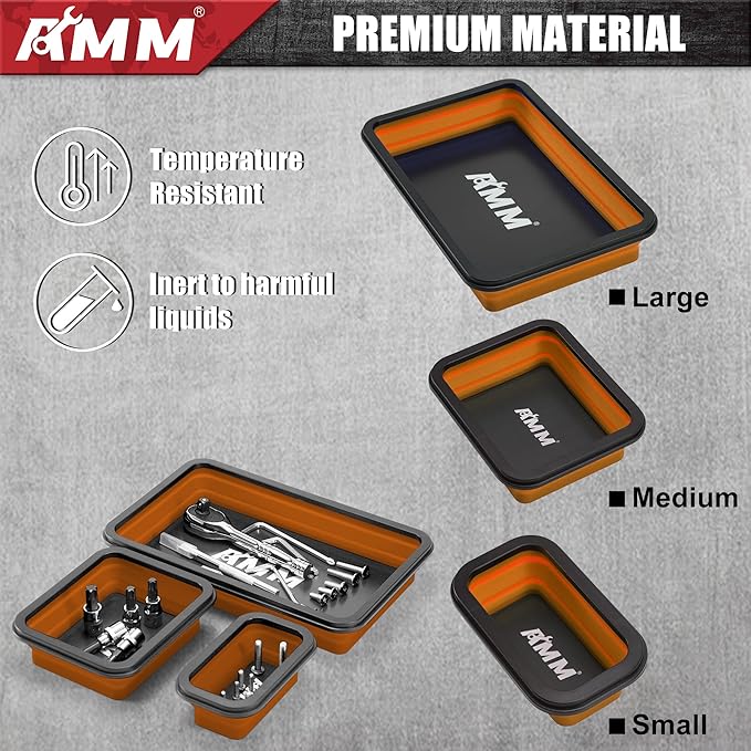 AMM Foldable Magnetic Parts Tray Set, 3 Different Size Magnetic Tool Trays for Bolts Screws Nuts & Small Metal Parts, Mechanic Tool Present for Men竊똎range