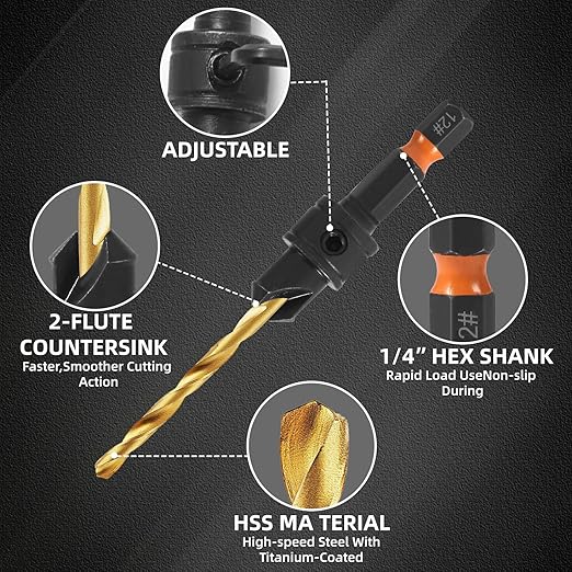 12Pcs HSS Adjustable Countersunk Drill Bits for Woodworking, Sizes #4, #6, #8, #10, #12, withMagnetic Extension Drill Bit & Storage Box, Professional Countersink Drill Bit Set