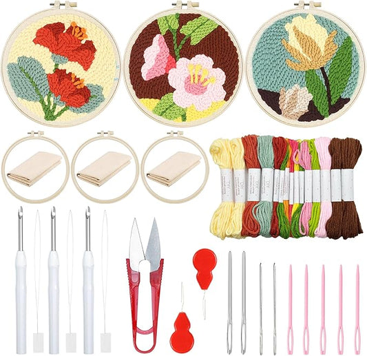 Woohome Punch Needle Kit Included Plastic Hoops, Punch Needle Cloth, Color Yarn and Punch Needle Tools for Adults, Beginners (Red, Pink and Yellow Flowers)