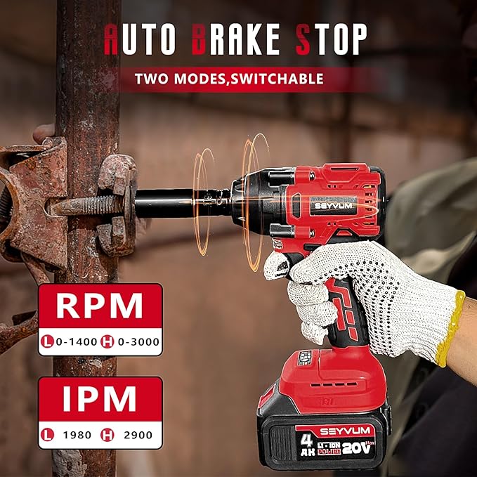 SEYVUM Impact Wrench,1/2" Impact Gun, Power Impact Driver Max Torque 320 Ft-lbs (430N.m), Cordless Impact Wrench with 20V Brushless Motor, 4.0Ah Li-ion Battery with Fast Charger, 4 Pcs Impact Sockets