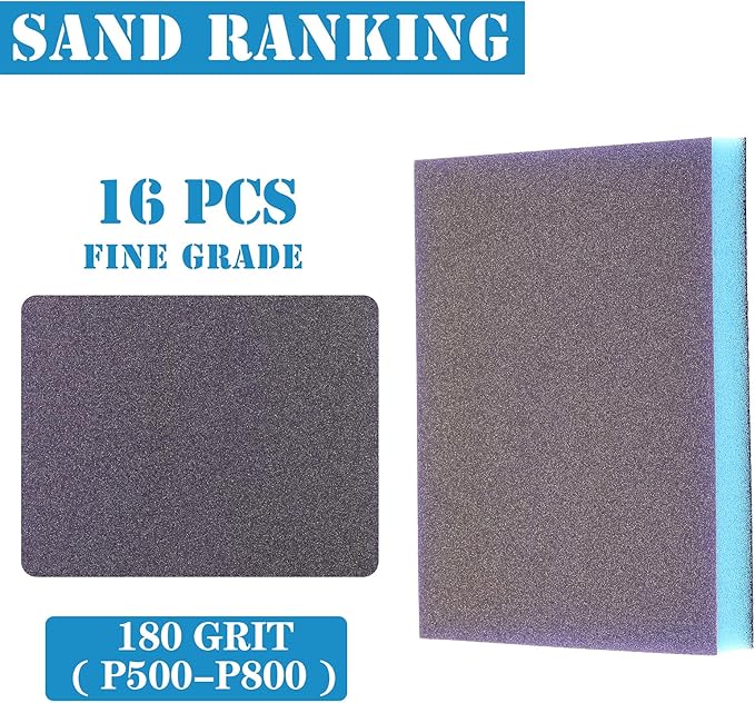 16Pcs 180 Grit Sanding Sponge, Jamiikury Sanding Blocks Washable and Reusable, Wet Dry Sandpaper Sponge for Wood Metal Furniture Paint and Drywall