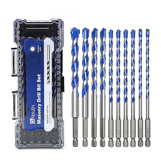 10 Pack 3/16 to 1/2 inch Concrete Drill Bit Set,Masonry Drill Bit Set with Hex Shank,Carbide Tip Drill Bits for Concrete, Tile,Brick, Cement, Plastic, and Ceramic (3/16" - 1/2"竊?0 Pcs竊?