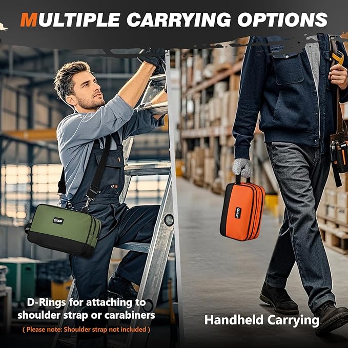Small Tool Bag 2 Pack, Zipper Tool Pouch Two Compartments, 10 12 inch Utility ToolBag with Carrying Handle, Tool box Storage Organizer for Electrician Mechanic, Gift for Men Dad, Orange/Green