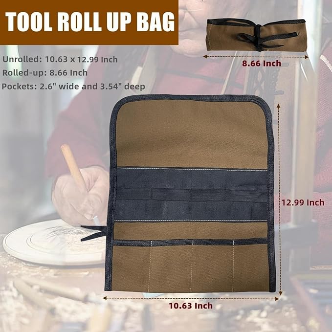BLIRITEL Small Canvas Chisel Roll, Chisels Bag Tool Organizer with 4 Pockets, Metal Pry Bar Plier Wrench Roll Tool Pouch for Mechanic Carpenter Craftsman (Khaki)