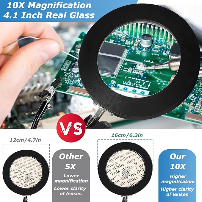 Magnetic Helping Hands Soldering Station, 10X LED Magnifying Lamp, Magnifying Glass with Light and Stand, 360 Hot Air Gun Holder, 4 Magnetic Third Hand Soldering Tool &PCB Holder for Soldering Station