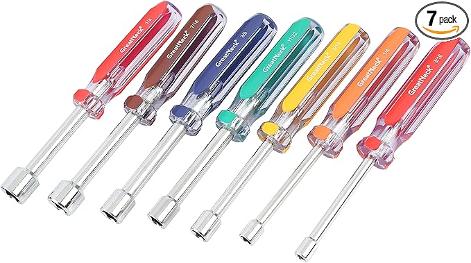 Great Neck ND72 7-Pc SAE Nut Driver Set, Nut Drivers for Automotive, Mechanical, and DIY Projects, Chrome Vanadium Steel, Acetate Color-Coded Handles, Rust-Resistant, ANSI Rated Tools