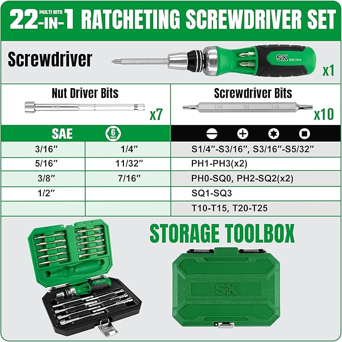 SK 22-in-1 Ratcheting Screwdriver with Nut Drivers, 216-P Multi-bit Screwdriver, Phillips, Slotted, Star, Square Bits Stored in Handle, Organized in Storage Toolbox