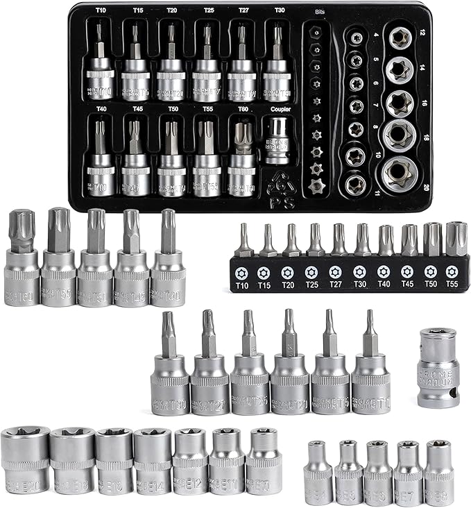 TOPLINE 34-Piece 1/4?? 3/8??Drive E-Torx Socket Set and Torx Bit Socket Set, with Storage case, Premium CR-V Steel, E4-E20, T10-T60, for Mechanic and Home Repair