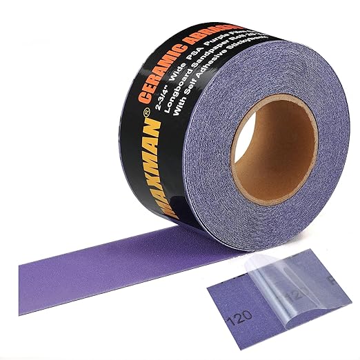 MAXMAN 120 Grit Sandpaper Roll, PSA Purple Film Ceramic Longboard Sand Paper, 2-3/4" Wide Continuous 20 Yard Long Continuous Roll, Self Adhesive Stickyback for Auto, Wood, Metal, Hand Sanding Blocks