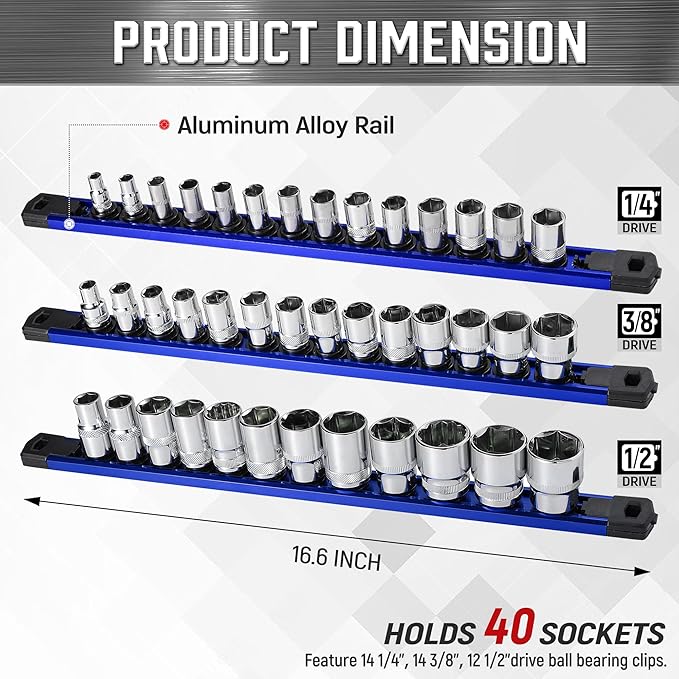 ALOANES 3-Piece Magnetic Socket Organizer, Heavy Duty Aluminum Socket Rails Organizer, 360째 Swivel Clips Socket Rail Set For Sockets Storage, 1/2, 3/8, 1/4-Inch Socket Holder x 40 Clips (Blue)