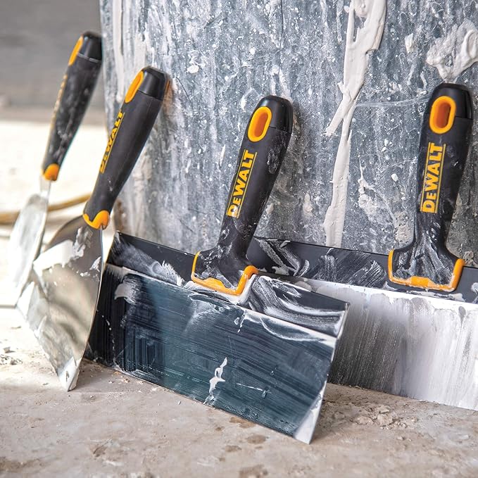 DEWALT Stainless Steel Taping Knife & Mud Pan Set | 8,10,12 Inch Taping Knives, 14 Inch Mud Pan, Bonus 6" Soft Grip Putty Knife | Soft Grip Handles | Sheetrock Gyprock Plasterboard | DXTT-3-174