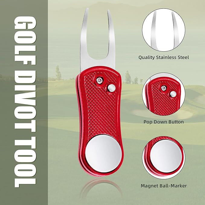 Mile High Life Golf Divot Repair Tool, All Metal Foldable Divot Tool with Pop-up Button & Magnetic Ball Marker