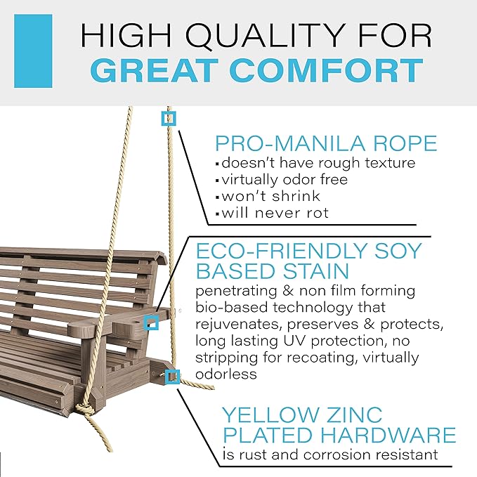 Porchgate Amish Heavy Duty 800 Lb Roll Comfort Treated Porch Swing W/Ropes (5 Foot, Warm Walnut Stain)