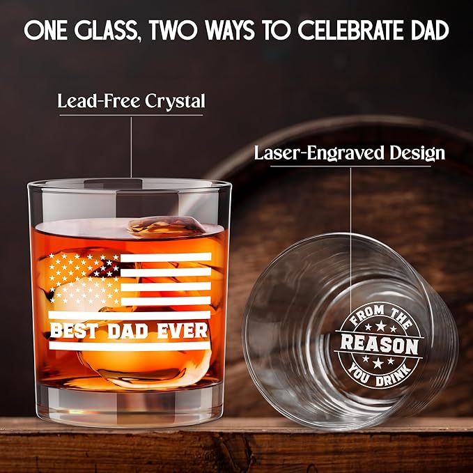 Christmas Birthday Gifts for Dad from Daughter Son - 11 oz Engraved Crystal Whiskey Glasses - Gifts for Dad Who Wants Nothing, Men Birthday Ideas