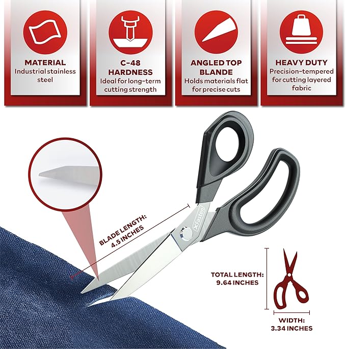 XFasten Sewing Scissors for Fabric Cutting Black 9.5 Inch Premium Professional Fabric Scissors Sewing | Large and Heavy duty