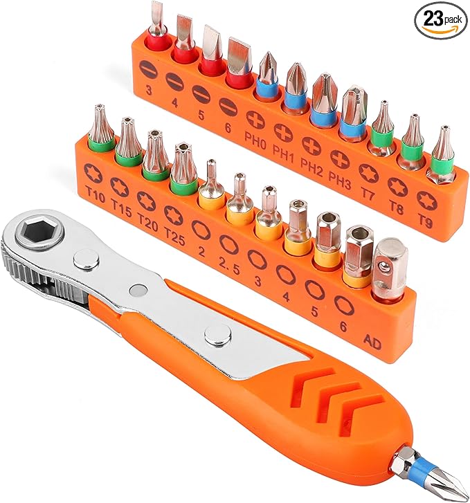 HORUSDY 23pc 1/4" Ultra Low Profile Mini Ratchet Screwdriver Set ??Tamper Resistant Star Bits, 90 Degree Right Angle Offset Reversible Drive Handle, High Torque Close Quarters Tool with Multi Hex Bits
