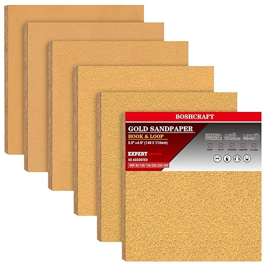 50 Pcs Premium Sand Paper, 1/4 Sand Paper Sheet Hook and Loop Backing 80/120/150/220/320/400 Grit Sandpaper Assortment Sandpaper for Wood Metal Automotive Palm Sanders 5.5" x 4.5"