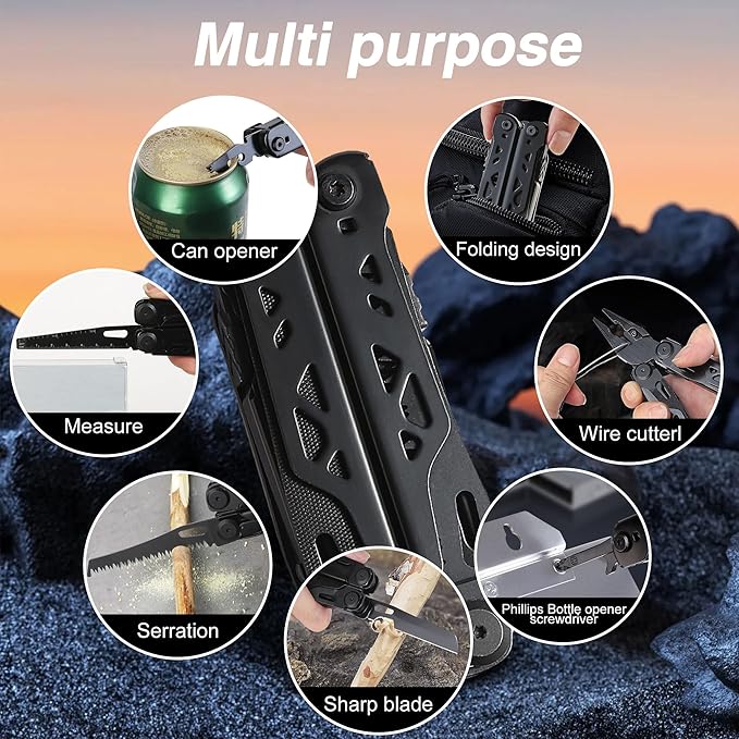 28-in-1 Multitool Pliers, Stainless Steel Multi Tool with Pocket Clip, Self-Locking, Replaceable Wire Cutters, and Precision Screwdriver, Foldable EDC Multi-Tool for Outdoor, Repair, Camping, Hiking
