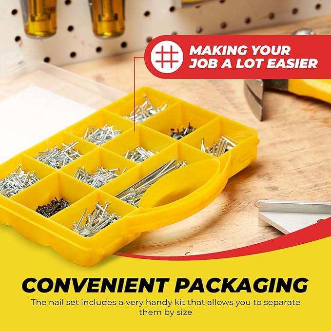 Top Quality Nail Assortment Kit ??Over a 1800 Multipurpose Hardware Nails - 11 Different Sizes ??Non Bendable & Sturdy - Compact Organized Box