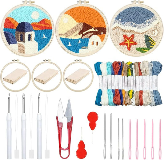 Woohome Punch Needle Kit Included Plastic Hoops, Punch Needle Cloth, Color Yarn and Punch Needle Tools for Adults, Beginners (Beach, Hut, Sunset)