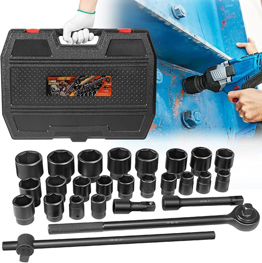 3/4-Inch Drive Jumbo Master Impact Socket Set, SAE and Metric Shallow-Socket Tool Set, SAE 7/8" to 2" and Metric 22 to 50 mm Sockets with Extension Bars and Ratchet Handle, 27 pieces