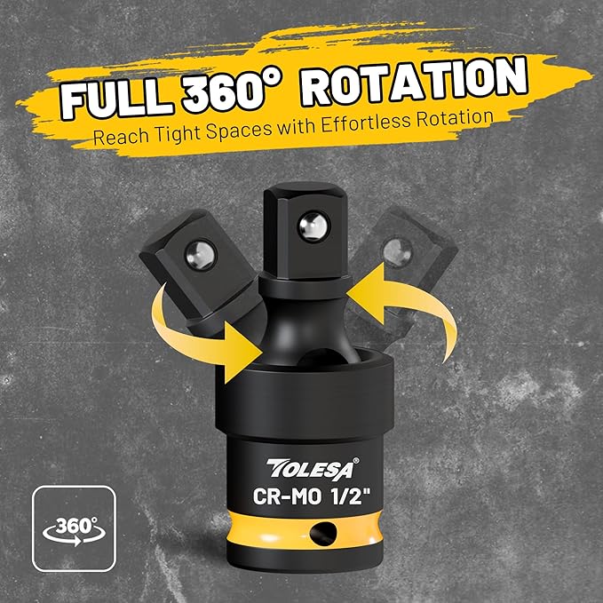 TOLESA Swivel Socket Set, Impact Universal Joint-Socket Set, 1/2", 3/8", 1/4" Flexible Socket Swivel Set Premium CR-MO Steel U Joint Adapter Wobble