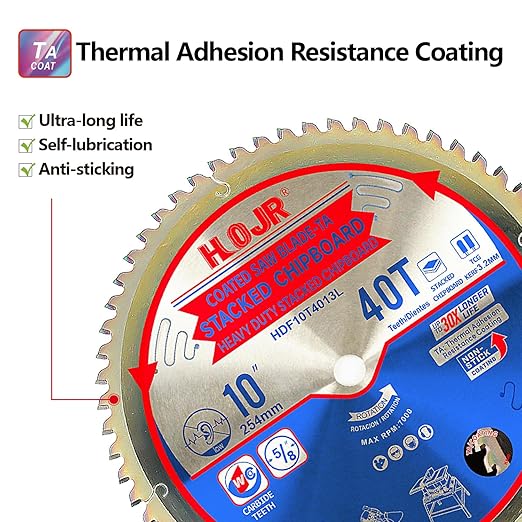 Circular Saw Blade Woodworking TA Series,10" 40-Tooth 5/8" Arbor, Triple Chip Grind Tooth,for Laminate, Melamine, Special Anti-Thermal Adhesion Coating on Cutting Edge, HDF 10" 40T TA