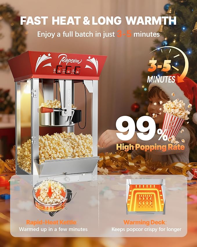 12 Oz Commercial Popcorn Machine, 850 W, Movie Theater Popcorn Machine, Red Tabletop Pop corn Machine with 3-Switch Control & Steel Frame Tempered Glass Doors for Home Theater