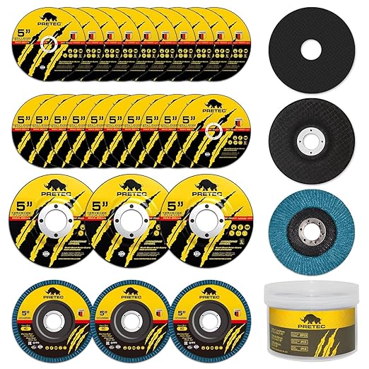 Grinding Cutting Wheels 5 inch Set - PRETEC 5" 20 Cut Off Wheels, 3 Grinding Wheels, and 3 Flap Discs for Angle Grinder Cutting and Grinding 5??x 3/64" x 7/8", 20+3+3 PCS, Brown