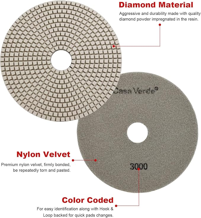 Casaverde 7" Stone Diamond Polishing Pads Grit 3000 for Concrete Marble Quartz Stone Countertop Granite Polish