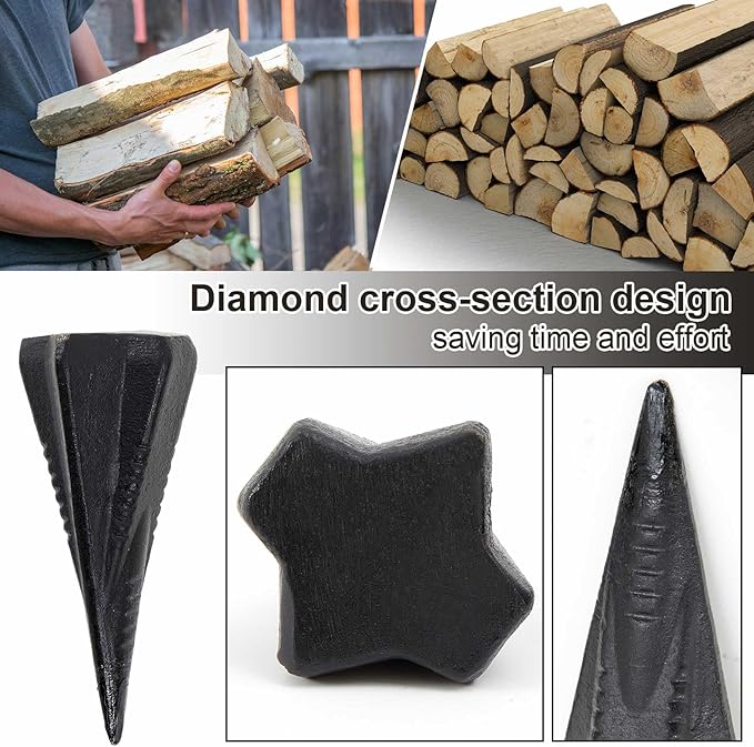 1 Pcs 4 Lbs Wood Splitting Wedges Manual Log Splitter Wedge 4-Direction Diamond Design Forged Steel Tool for Easy Wood Splitting Splits Firewood into 4 Pieces Less Effort