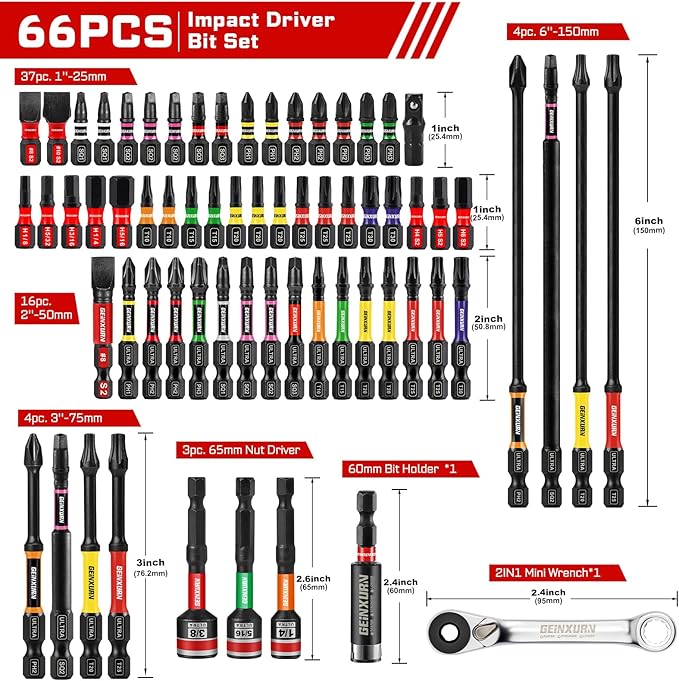66Pieces Impact Screwdriver Bits Set, Magnetic S2 Steel Phillips/Slotted/Square/Torx/Hex Insert Power Bits Tips with Impact Bit Holder and Impact Nut Driver and Mini Wrench