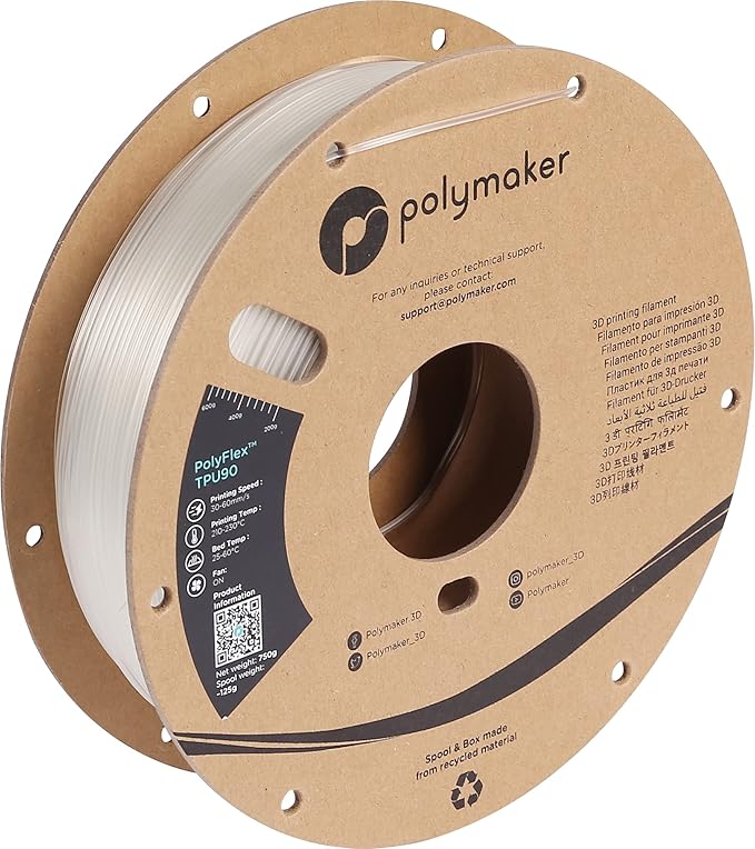 Polymaker TPU Filament 1.75mm Clear, 0.75kg Shore 90A Flexible 3D Printer Filament 1.75mm - PolyFlex TPU90 3D Printing TPU Filament 0.75kg Clear Soft Flexible Filament