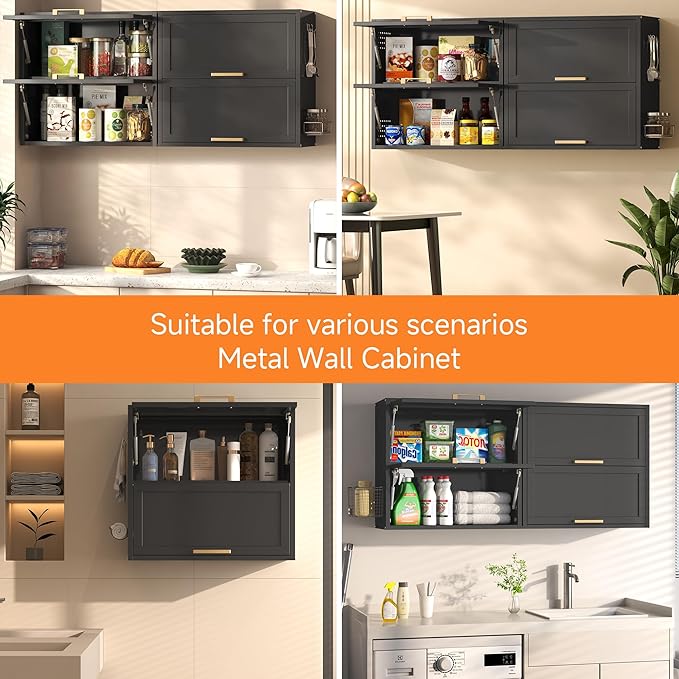 Coolsun Metal Wall Cabinet, Garage Wall Cabinet with Up-Flip Door, 25.6" H Wall Mounted Metal Storage Cabinet for Kitchen,Garage,Basement,Ware House Assembly Required (25.6" H Black)