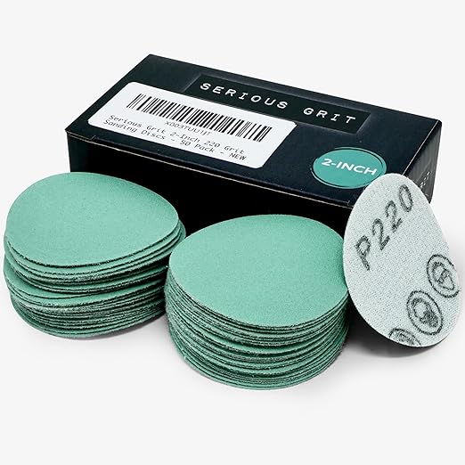 Serious Grit - 2-Inch 220 Grit Sanding Discs - Heavy-Duty Hook & Loop Film Discs - Sandpaper for Woodturning, Bowl Sanding & Power Tool Drill Attachment Sanding Pads - Pack of 50
