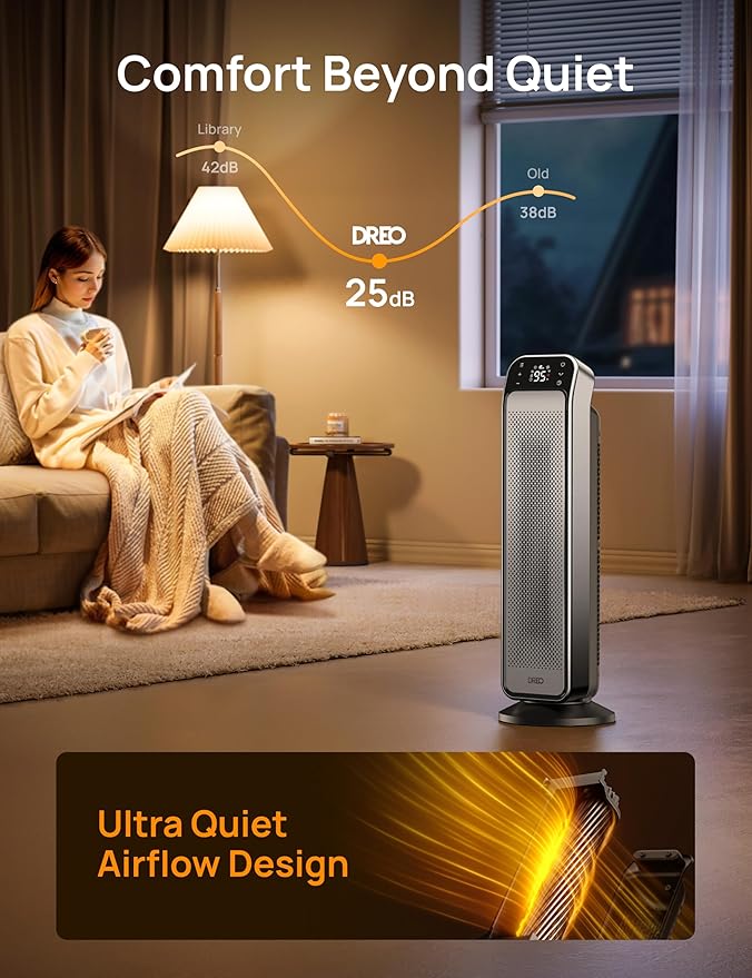 Dreo Space Heater Indoor, 25" 11.5ft/s Fast Portable Room Heater with Remote and Thermostat, 3 Modes, Overheating & Tip-Over Protection, Electric Heaters for Indoor Use Large Room, Bedroom, Silver