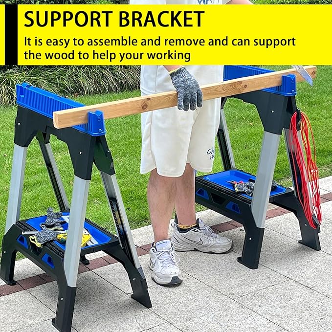 ZYJOYY Saw Horses 2 Pack Folding Heavy Duty ,Includes 4 Sawbucks, 2500 LBS Total Load Capacity, Built-In Tool Tray & Cord Hooks, Metal Folding Saw horse for Woodworking