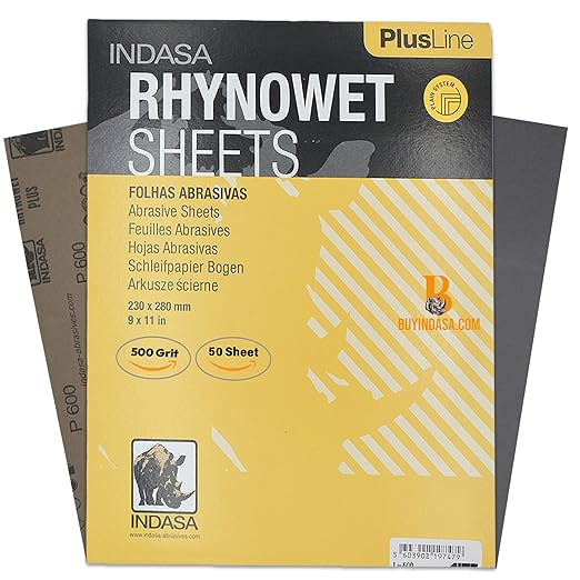 Indasa 50 PCS 9x11??Wet & Dry Sandpaper Sheets, 500 GRIT, Rhynowet Clog-Resistant Abrasive for Wood, Metal, Auto, Paint & Clear Coat Finishing, Sand Paper Silicon Carbide, Plusline