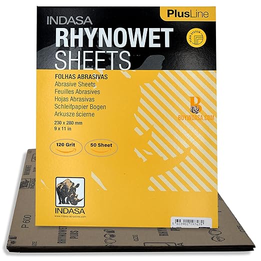 Indasa 50 PCS 9x11??Wet & Dry Sandpaper Sheets, 120 GRIT, Rhynowet Clog-Resistant Abrasive for Wood, Metal, Auto, Paint & Clear Coat Finishing, Sand Paper Aluminum Oxide, Plusline