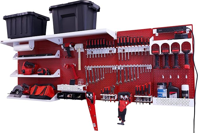 OmniWall Weekend Warrior Ultimate Tool Kit-96" x 32" Metal Pegboard Wall Storage System Red/White