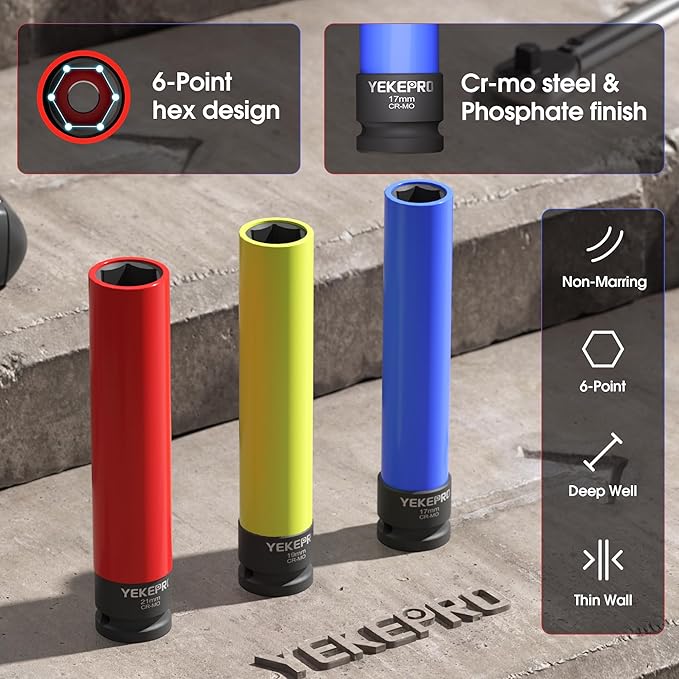3-Piece 1/2" Drive Extra Long Impact Lug Nut Socket Set, 6" Thin Wall, 17mm 19mm 21mm, with Color Protective Sleeves