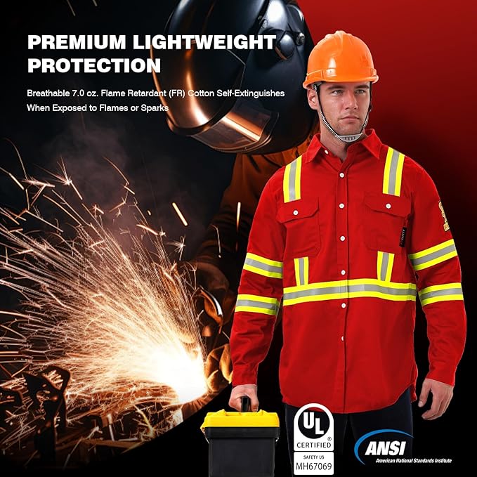 SKSAFETY 7oz FR Shirts for Men, Welding Shirt Hi Vis Flame Resistant 100% Cotton Fire Retardant Longsleeve Shirt CAT2