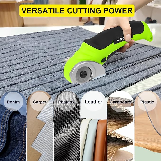 4V Cordless Electric Scissors Carpet Cutter Tool with Rechargeable & Safety Lock, Rotary Blade for Recycling Cutting Leather, Blanket, Gifts for Men Adult Crafter,Lightweight-Green