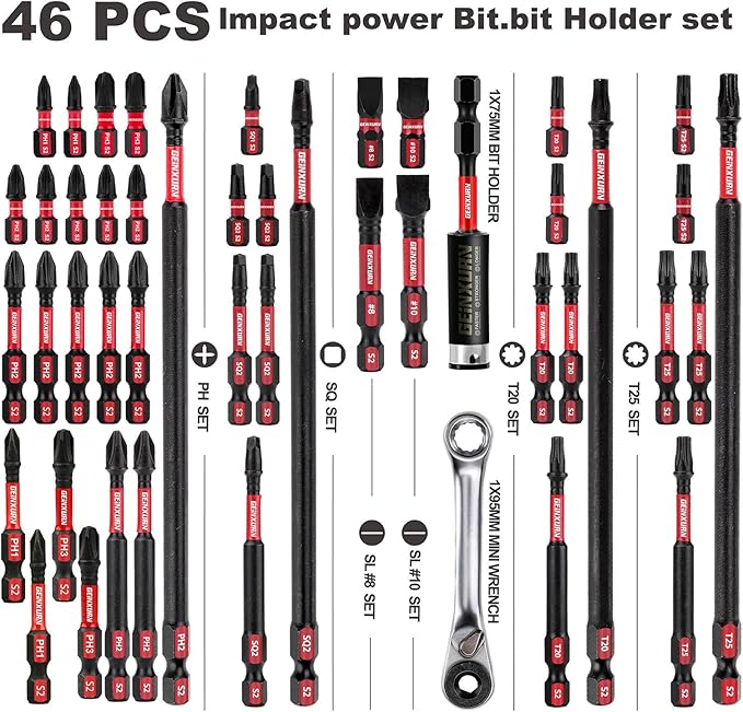 Impact Tough Magnetic Mixed 46Pack Insert Driver Bits, S2 Alloy Steel Screwdriver Power Bits Set with 1Pcs Impact Magnetic Bit Holder and Mini Wrench
