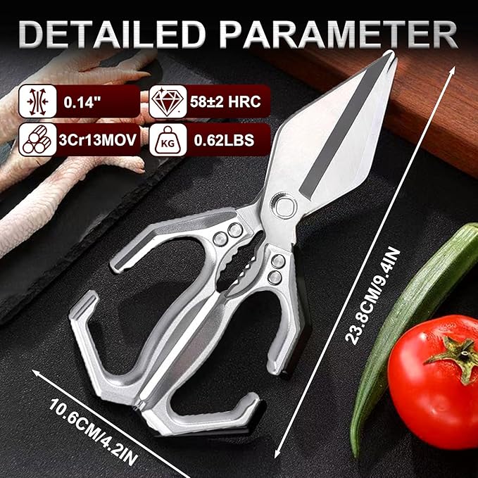 Kitchen Scissors for Food Heavy Duty Poultry Shears Built-In Nutcracker, Japanese High-Carbon Steel Culinary Shears with Ergonomic Handle, All Purpose Kitchen Tool for Chicken, Meat & Seafood (Silver)