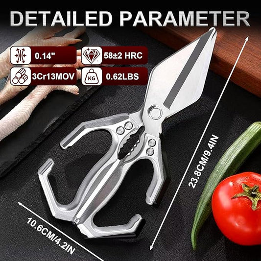 Kitchen Scissors for Food Heavy Duty Poultry Shears Built-In Nutcracker, Japanese High-Carbon Steel Culinary Shears with Ergonomic Handle, All Purpose Kitchen Tool for Chicken, Meat & Seafood (Silver)